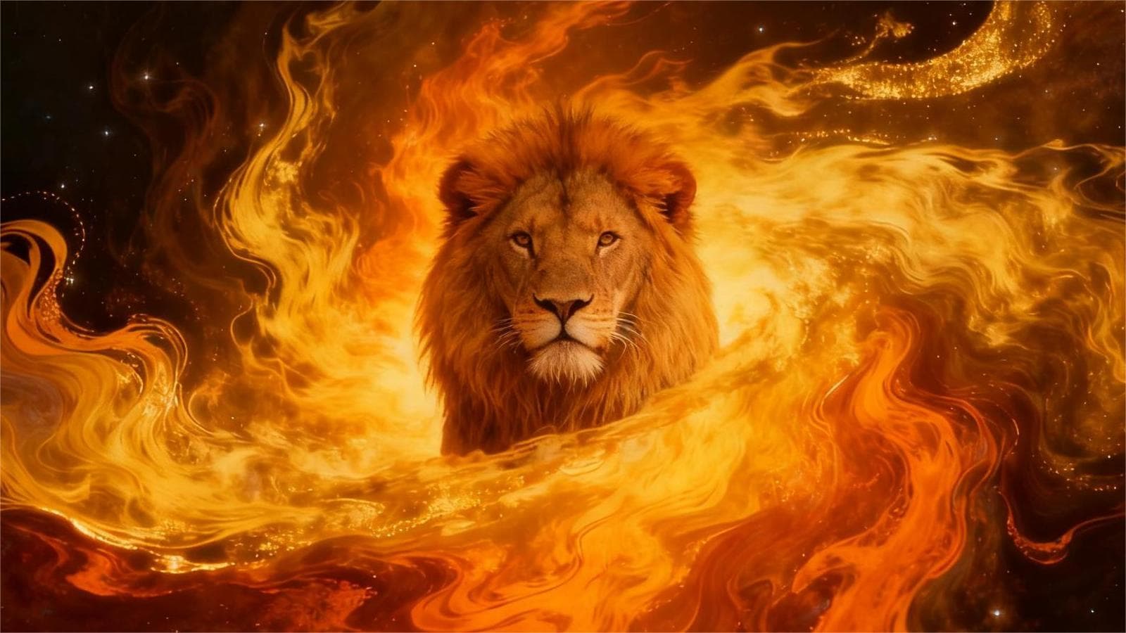 A majestic lion emerging from golden fire and stardust, capturing the bold, regal energy of the Leo daily horoscope