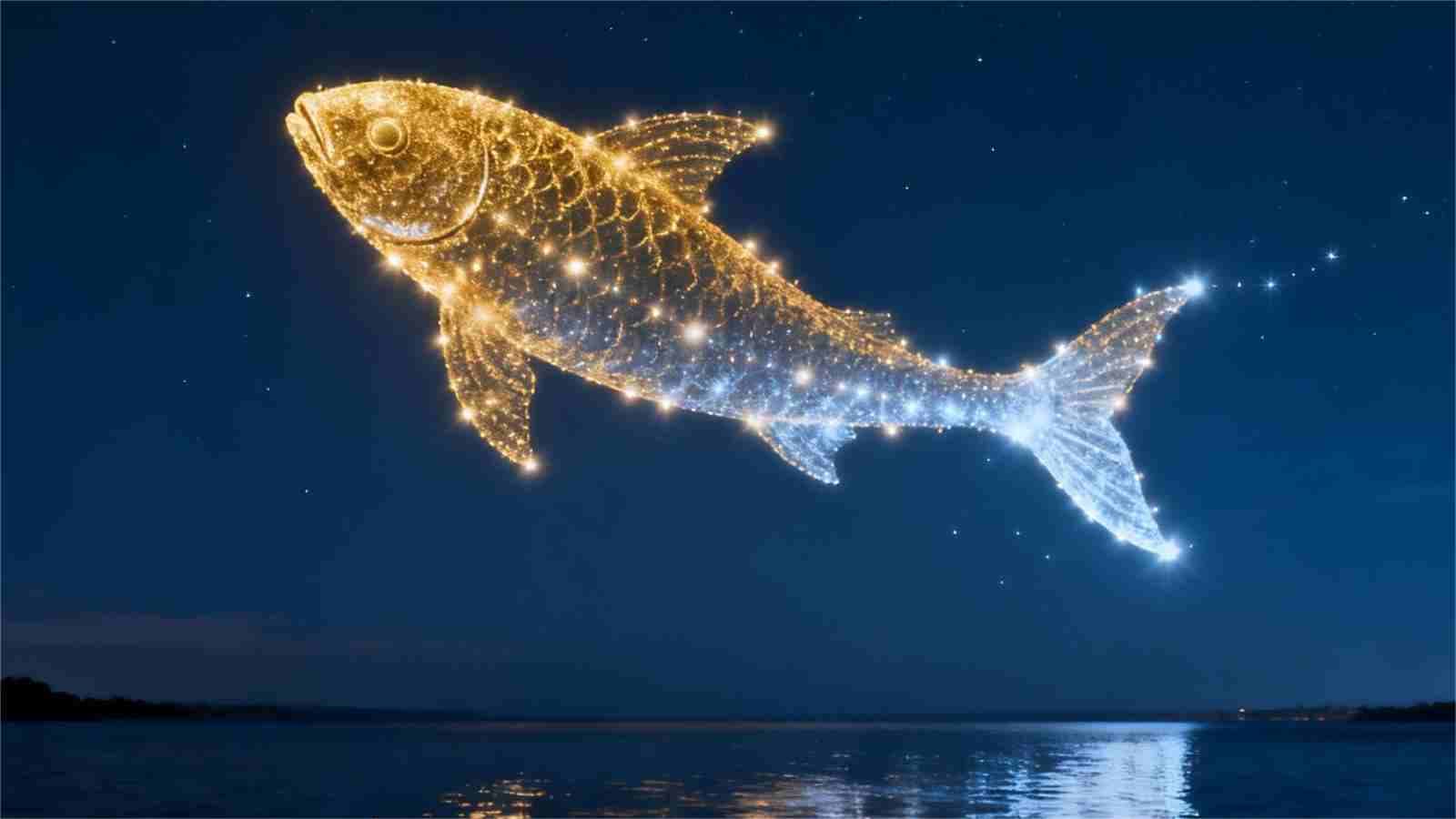 A luminous star-and-light fish floating over a starry night sea, symbolizing Pisces' intuitive and imaginative nature